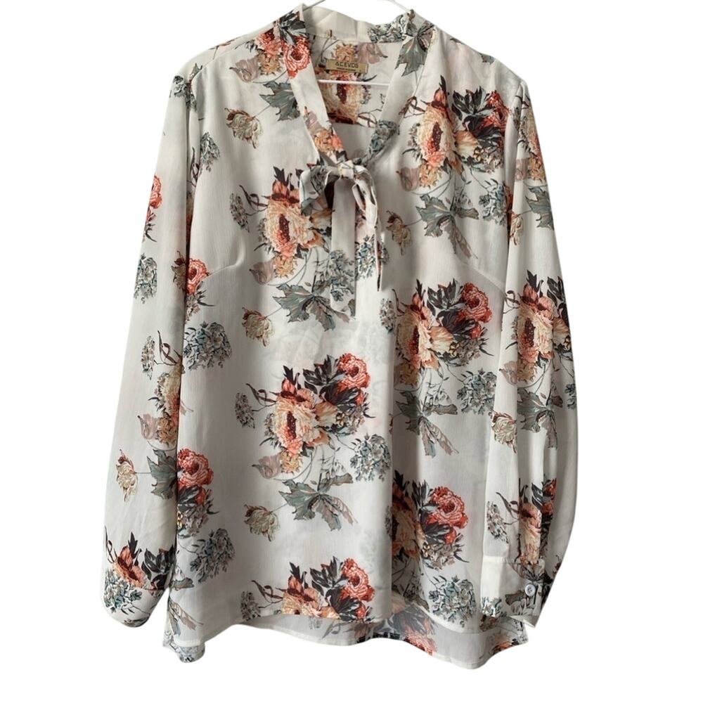 Women's Lg Cottagecore Sheer Double Floral Lined Long Sleeve Tie Neck Blouse